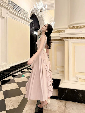 A Line Ruffles Ankle Length Pink Evening Dress Prom Dresses SD2751